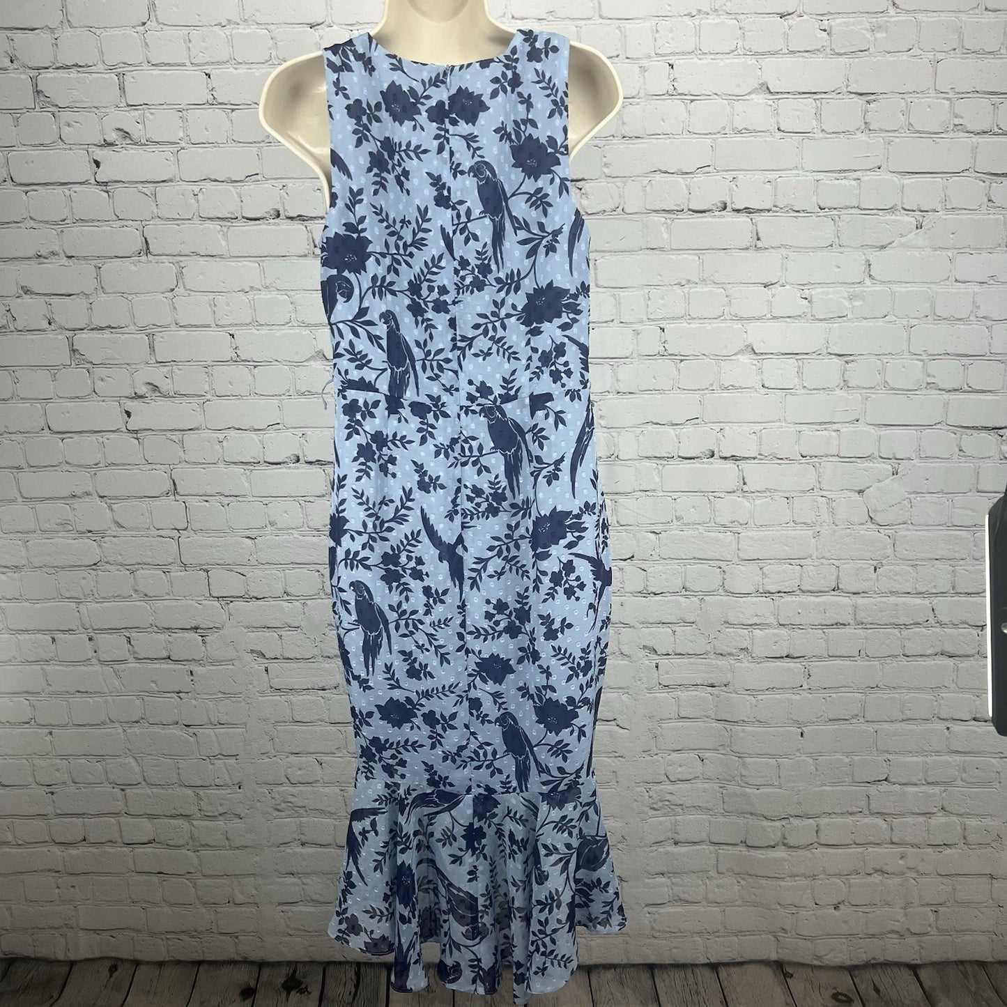 Eliza J Blue Macaw Bird Floral Sleeveless Textured Ruching Midi Trumpet Dress 8