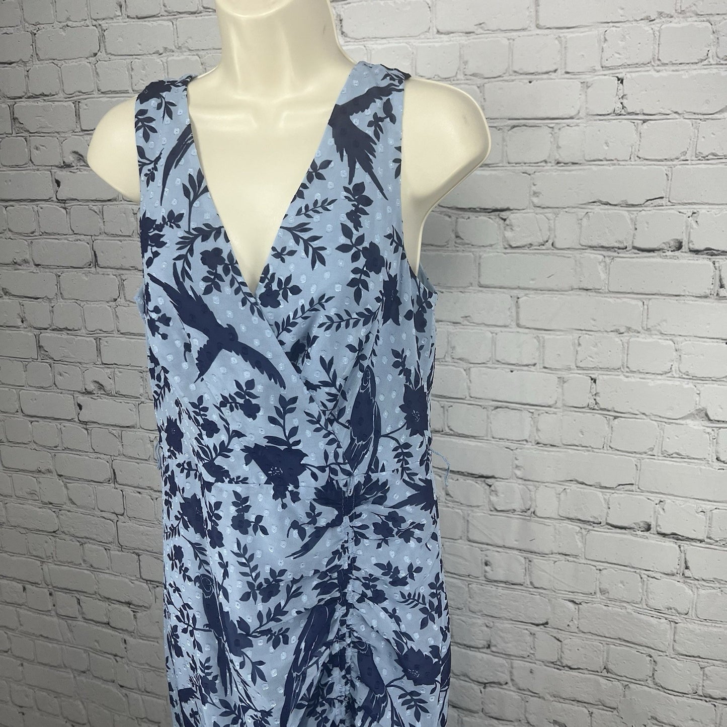 Eliza J Blue Macaw Bird Floral Sleeveless Textured Ruching Midi Trumpet Dress 8