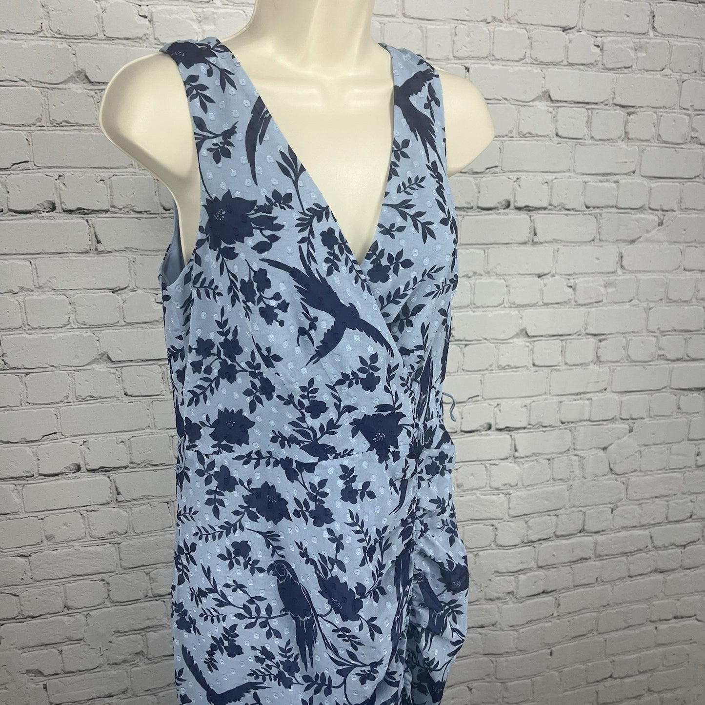 Eliza J Blue Macaw Bird Floral Sleeveless Textured Ruching Midi Trumpet Dress 8