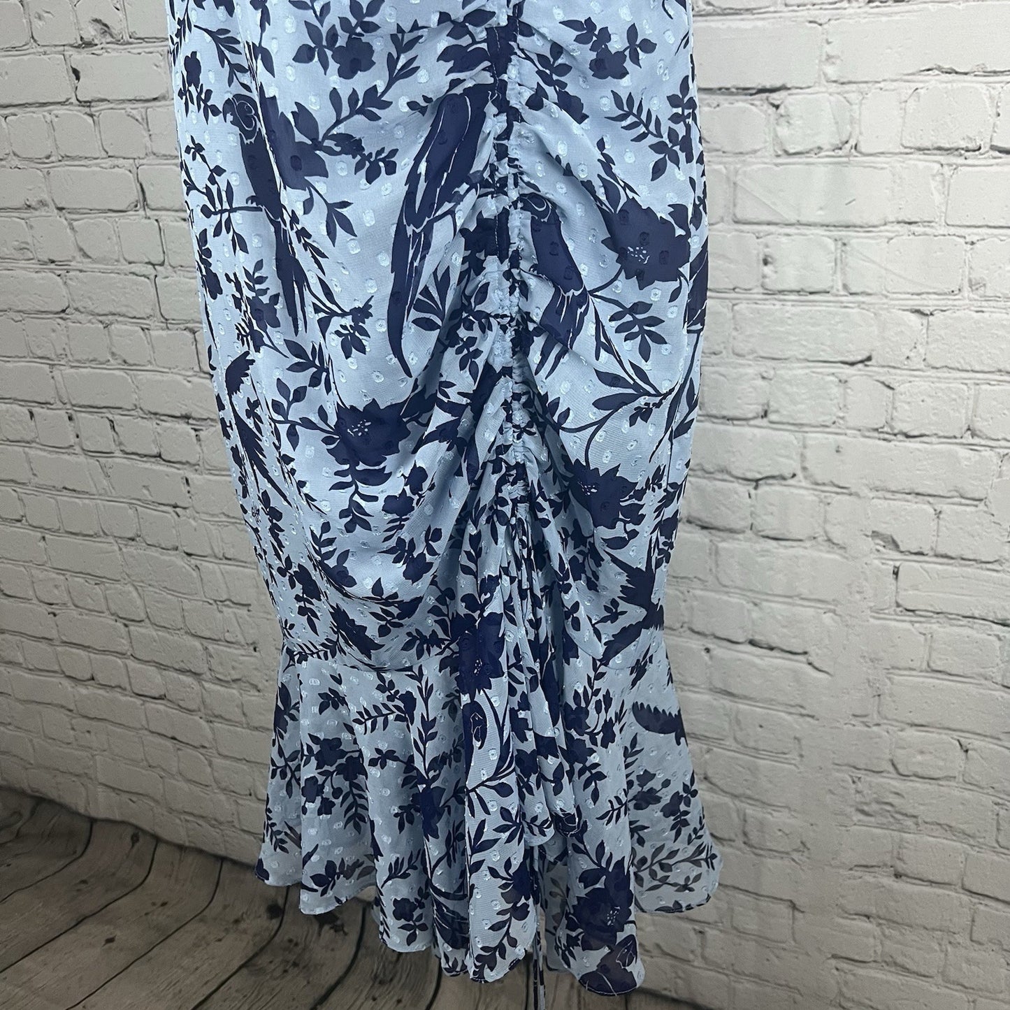 Eliza J Blue Macaw Bird Floral Sleeveless Textured Ruching Midi Trumpet Dress 8