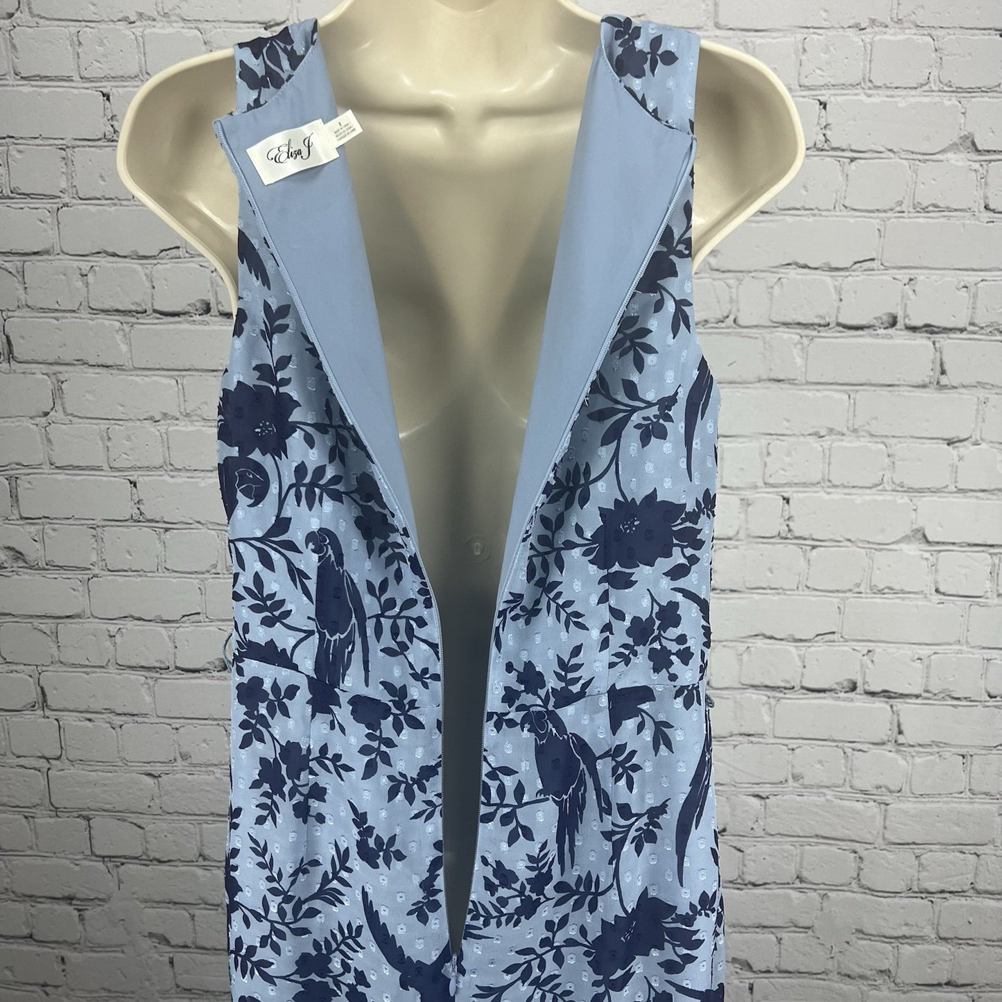 Eliza J Blue Macaw Bird Floral Sleeveless Textured Ruching Midi Trumpet Dress 8