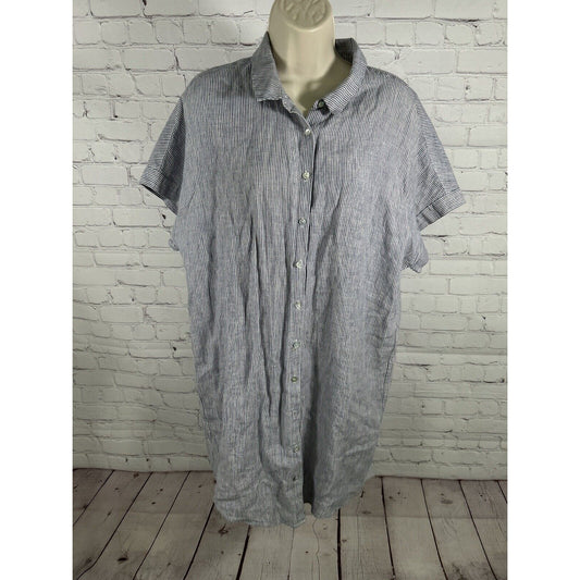 Artisan NY Blue White Striped 100% Linen Short Sleeve Button Up Shirt Dress L