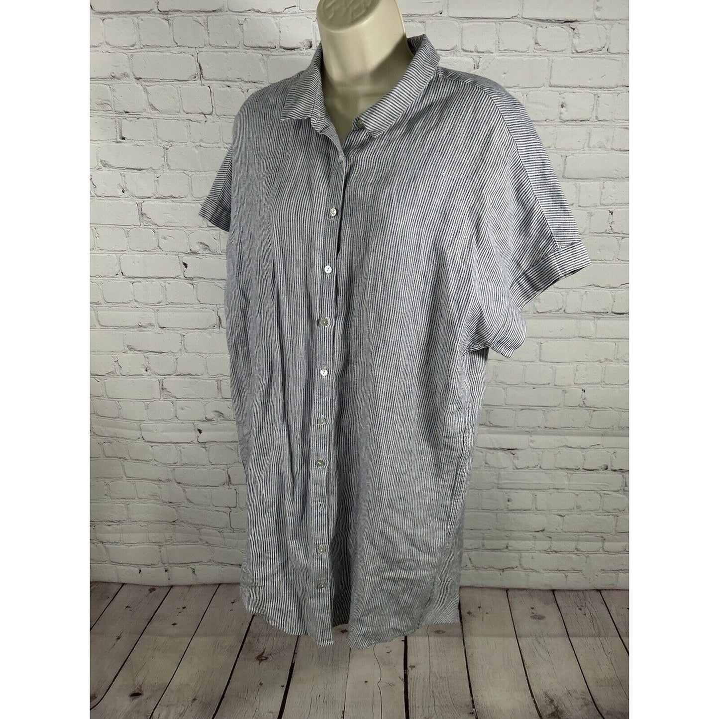 Artisan NY Blue White Striped 100% Linen Short Sleeve Button Up Shirt Dress L