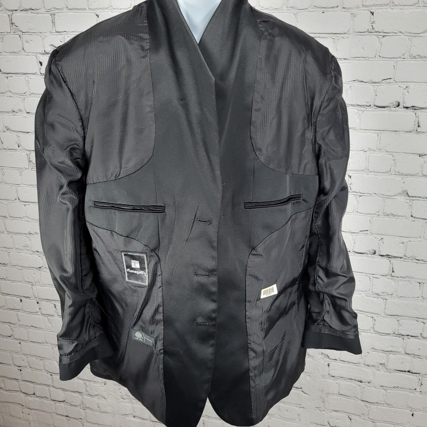 Fumagalli's Black 100% Wool Satin Shawl Lapel 3 Button Tuxedo Suit Jacket 44R