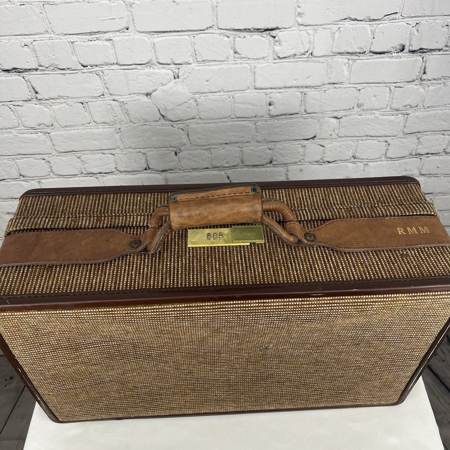 Vintage Hartmann Brown 2 Piece Suitcase Leather Tweed Wheeled Luggage Combo Lock