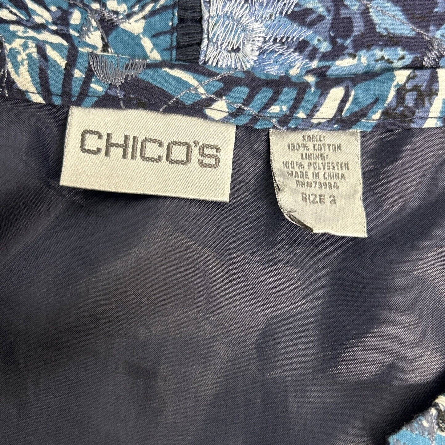 Chicos 100% Cotton Lined Blue White Floral Embroidered A Line Skirt Women’s M