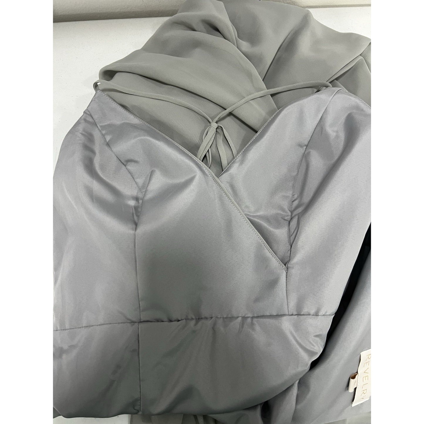 NWD Revelry Platinum Grey Hannah Chiffon Faux Wrap Slit Petite Maxi Long Dress 6