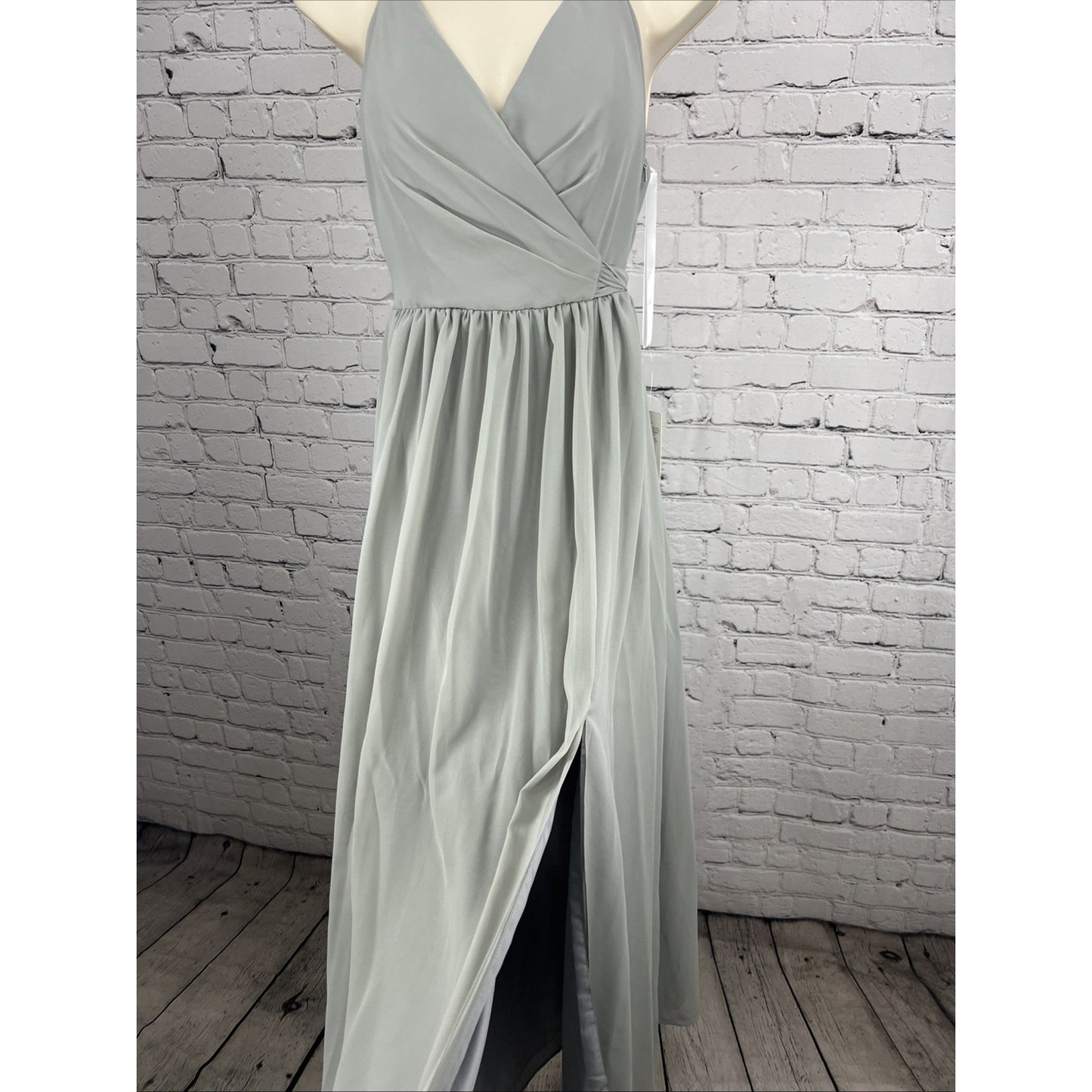 NWD Revelry Platinum Grey Hannah Chiffon Faux Wrap Slit Petite Maxi Long Dress 6