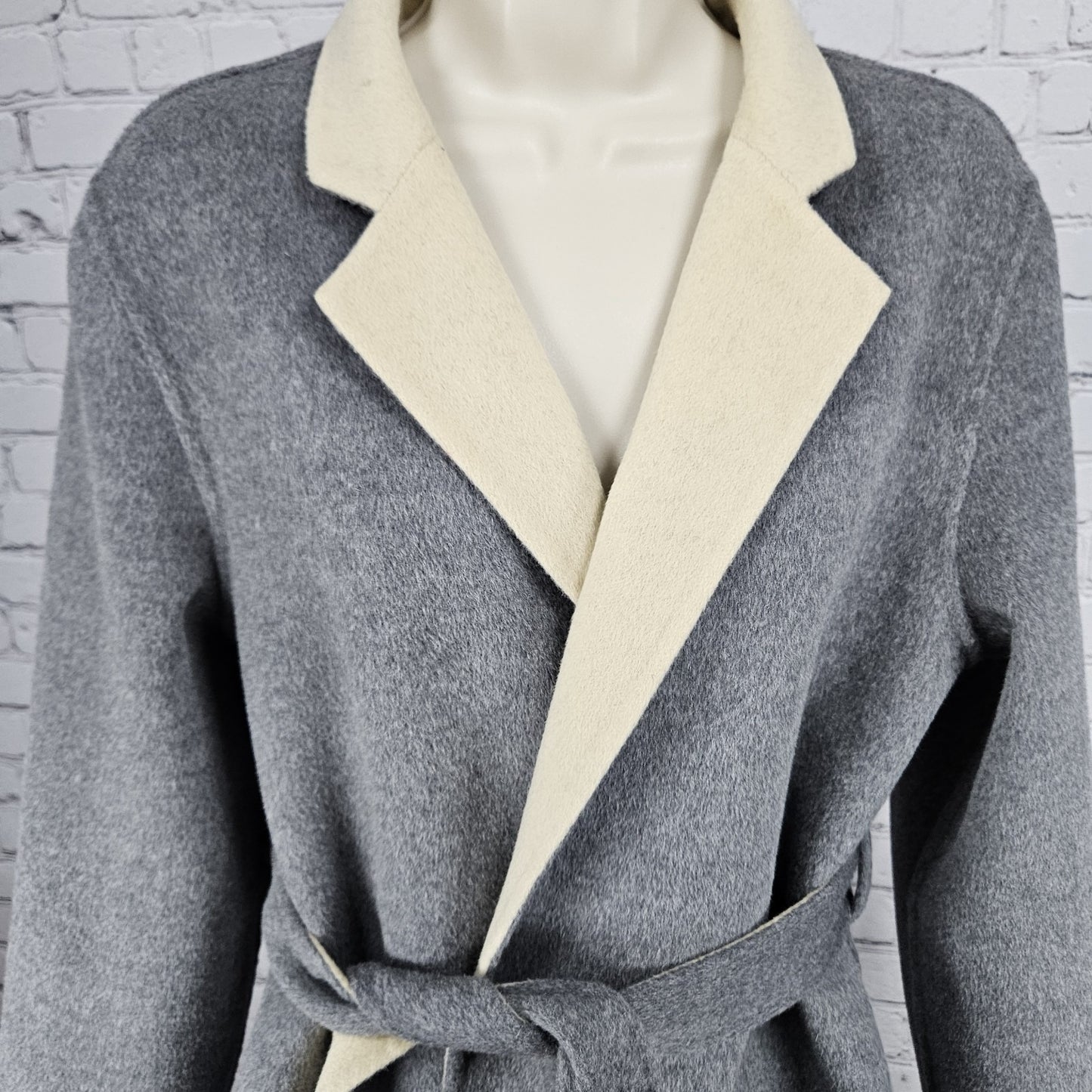 VTG Worth Grey Beige Wool Angora Cashgora Reversible Belted Coat Medium MP