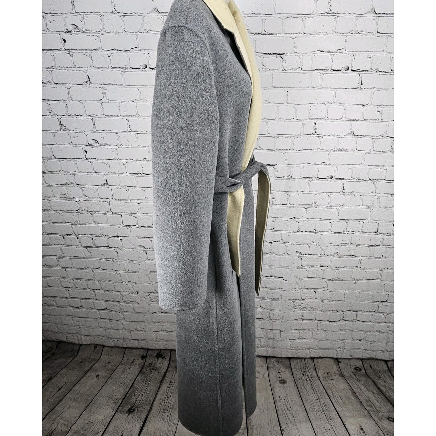 VTG Worth Grey Beige Wool Angora Cashgora Reversible Belted Coat Medium MP