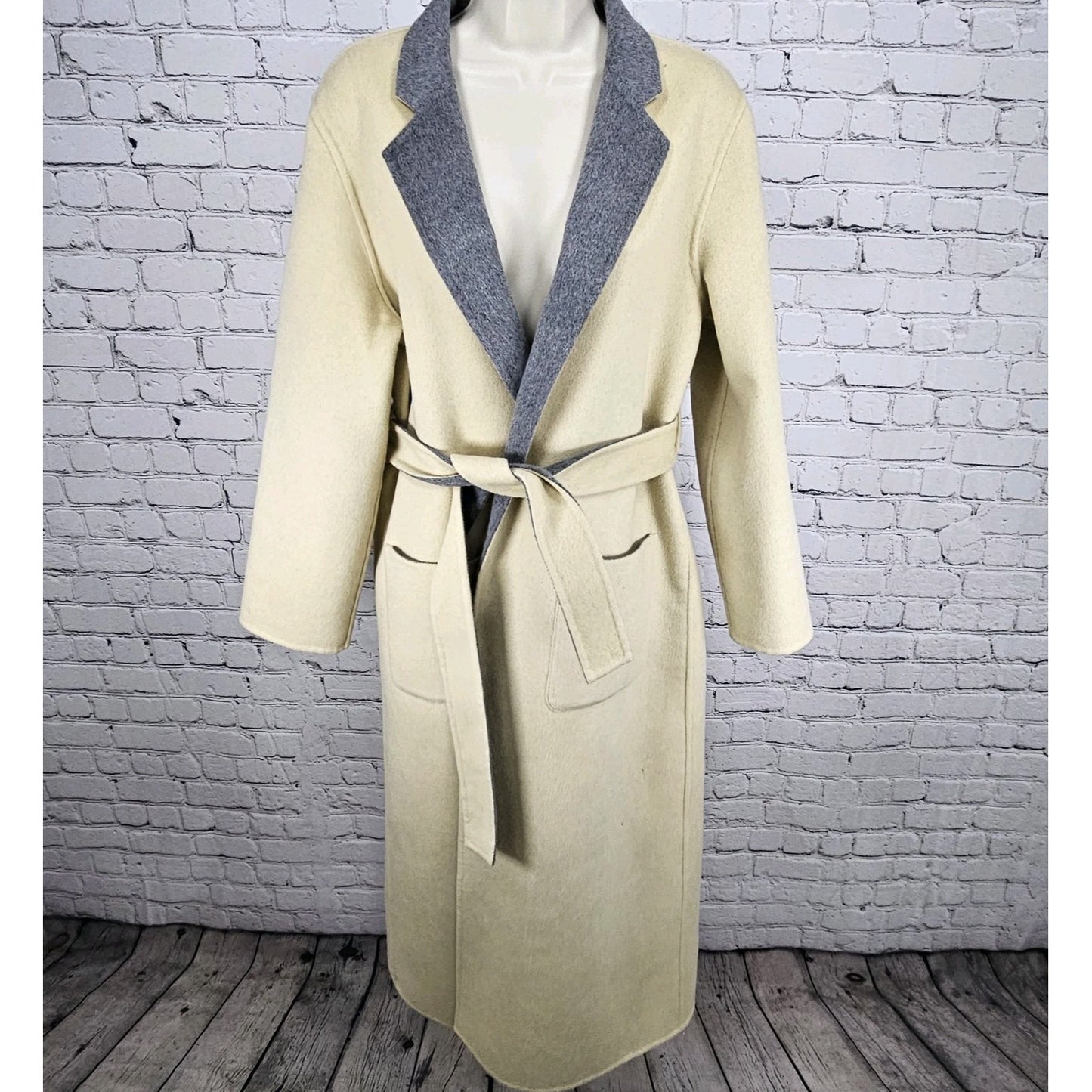 VTG Worth Grey Beige Wool Angora Cashgora Reversible Belted Coat Medium MP