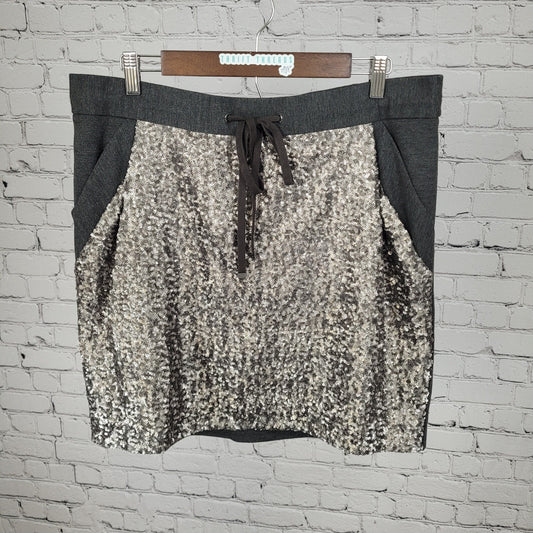 NWD Ann Taylor Grey Metallic Sequin Drawstring Mini Skirt Size Large L (36x18.5)