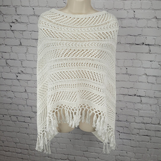 Lilly Pulitzer White Open Knit Crochet Tassel Pullover Shawl Cape One Size