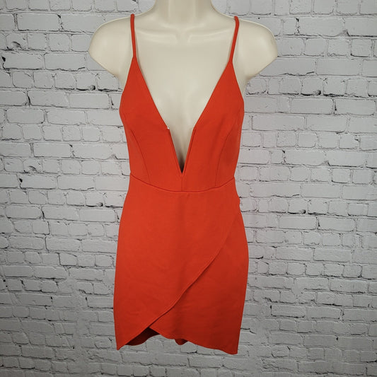 Lulus Orange Strappy Plunge Stretch Asymmetrical Skirt Bodycon Short Dress XS