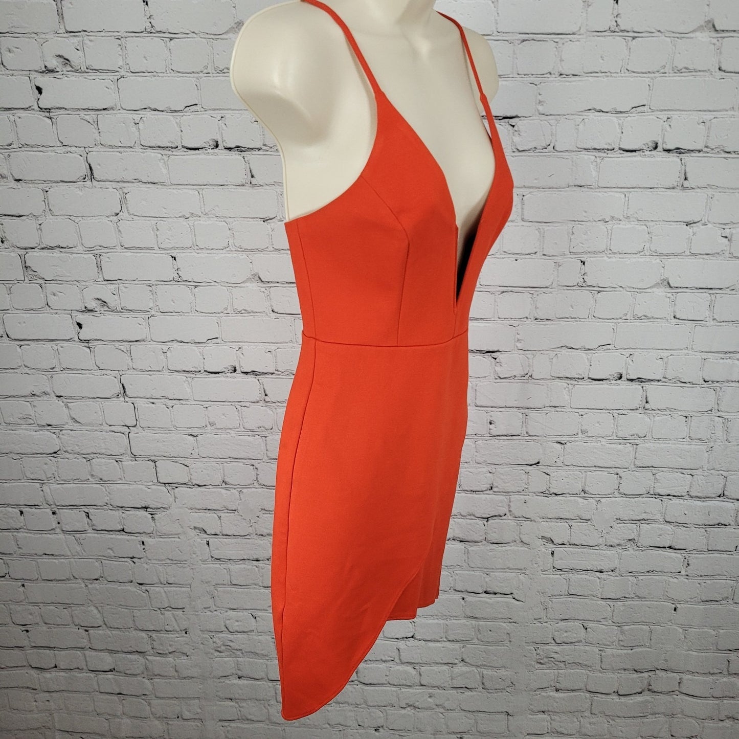 Lulus Orange Strappy Plunge Stretch Asymmetrical Skirt Bodycon Short Dress XS