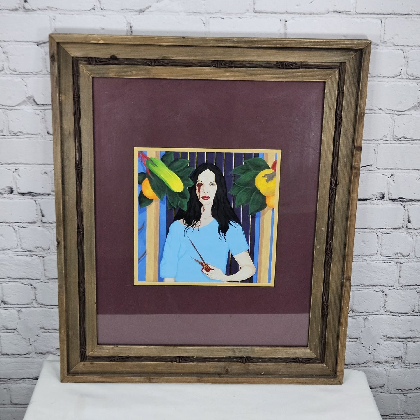 Original Painting Woman Blood Tropical Fruits Wood Barbed Wire Framed Art 24x20