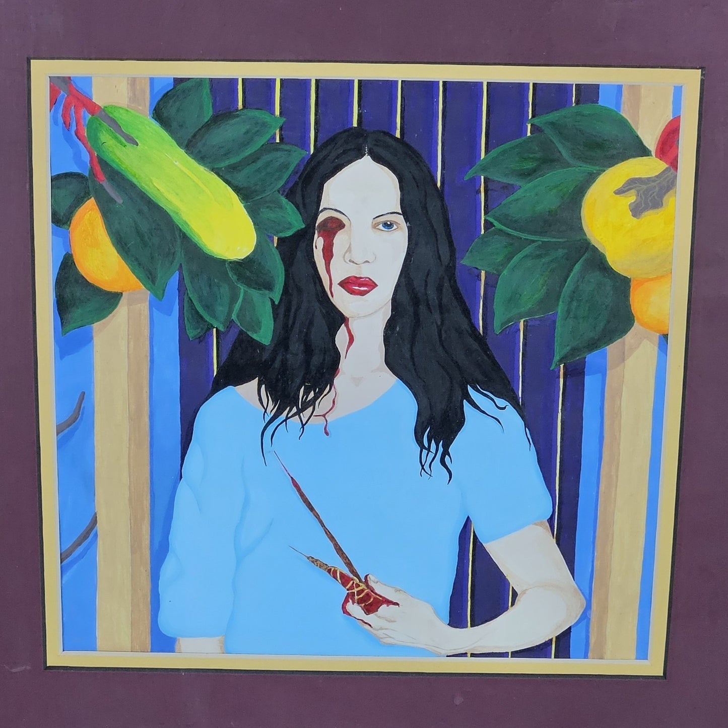 Original Painting Woman Blood Tropical Fruits Wood Barbed Wire Framed Art 24x20