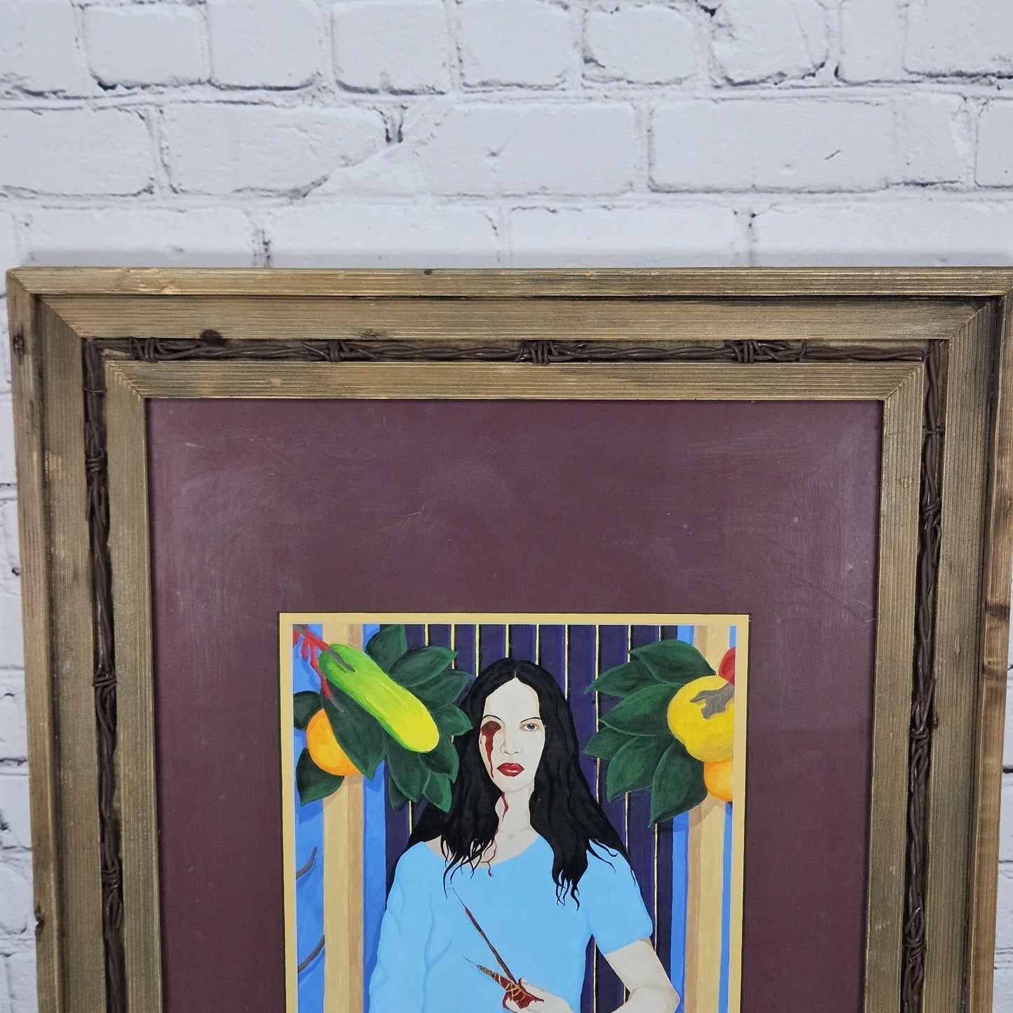 Original Painting Woman Blood Tropical Fruits Wood Barbed Wire Framed Art 24x20