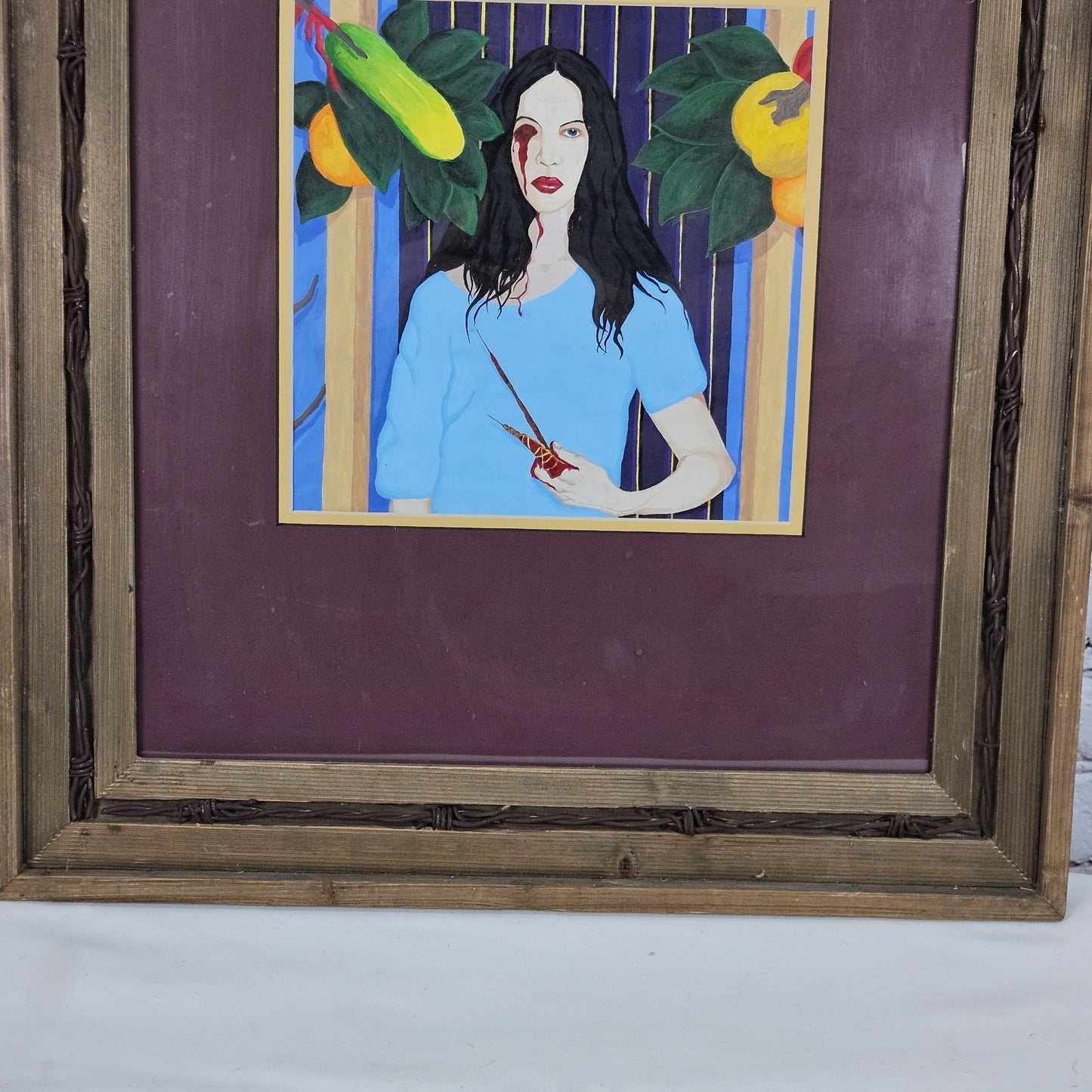 Original Painting Woman Blood Tropical Fruits Wood Barbed Wire Framed Art 24x20