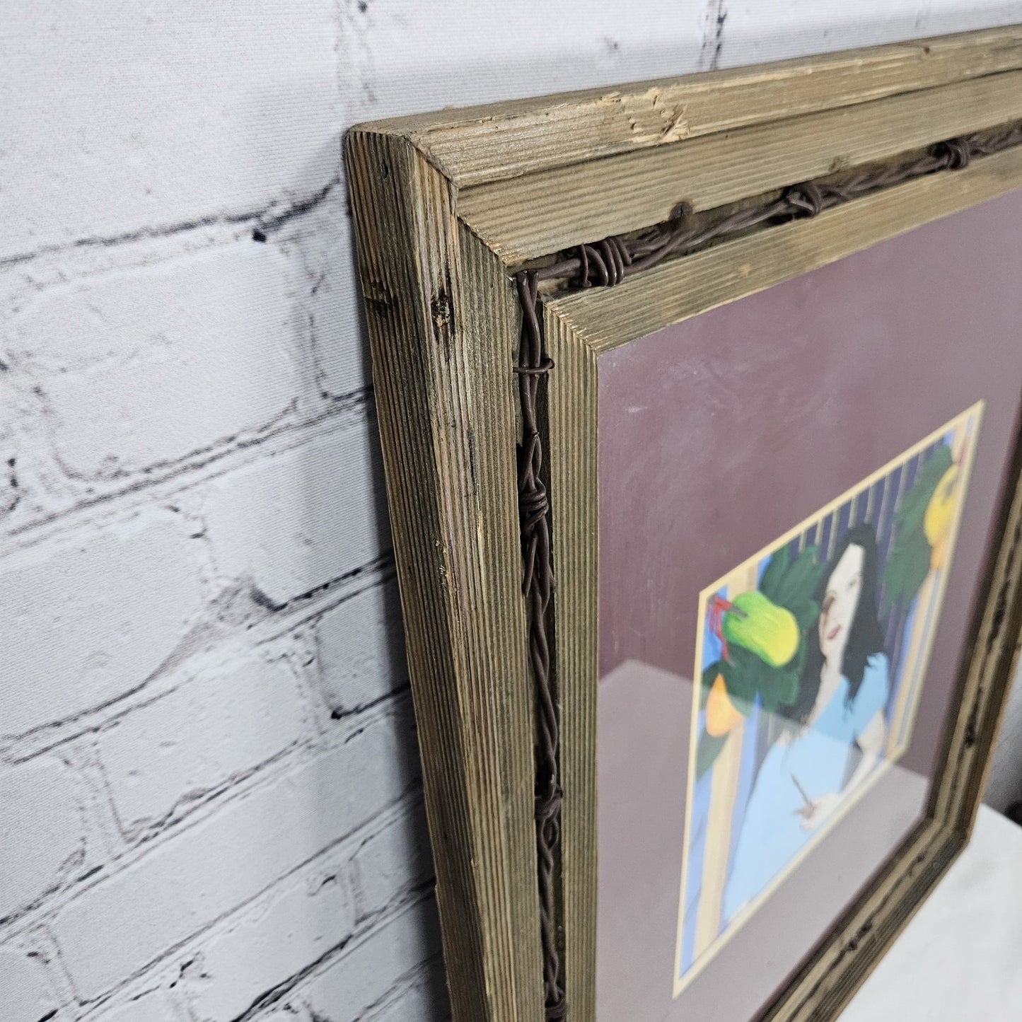 Original Painting Woman Blood Tropical Fruits Wood Barbed Wire Framed Art 24x20