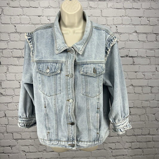 Savanna Jane Light Wash Ruffled Shoulder 3/4 Sleeve Denim Jean Jacket Large L