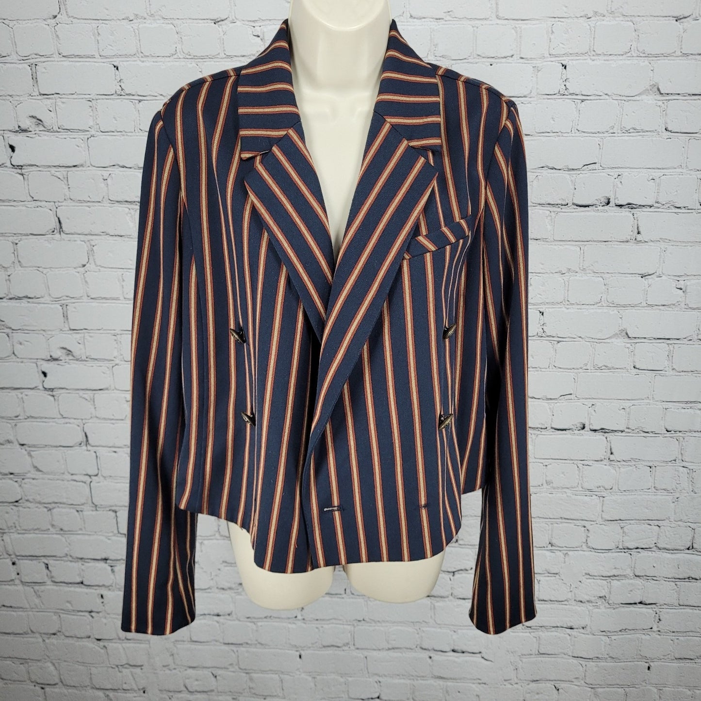 Free People Navy Striped Double Breasted Buttoned Cropped Jacket Small S