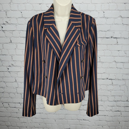 Free People Navy Striped Double Breasted Buttoned Cropped Jacket Small S