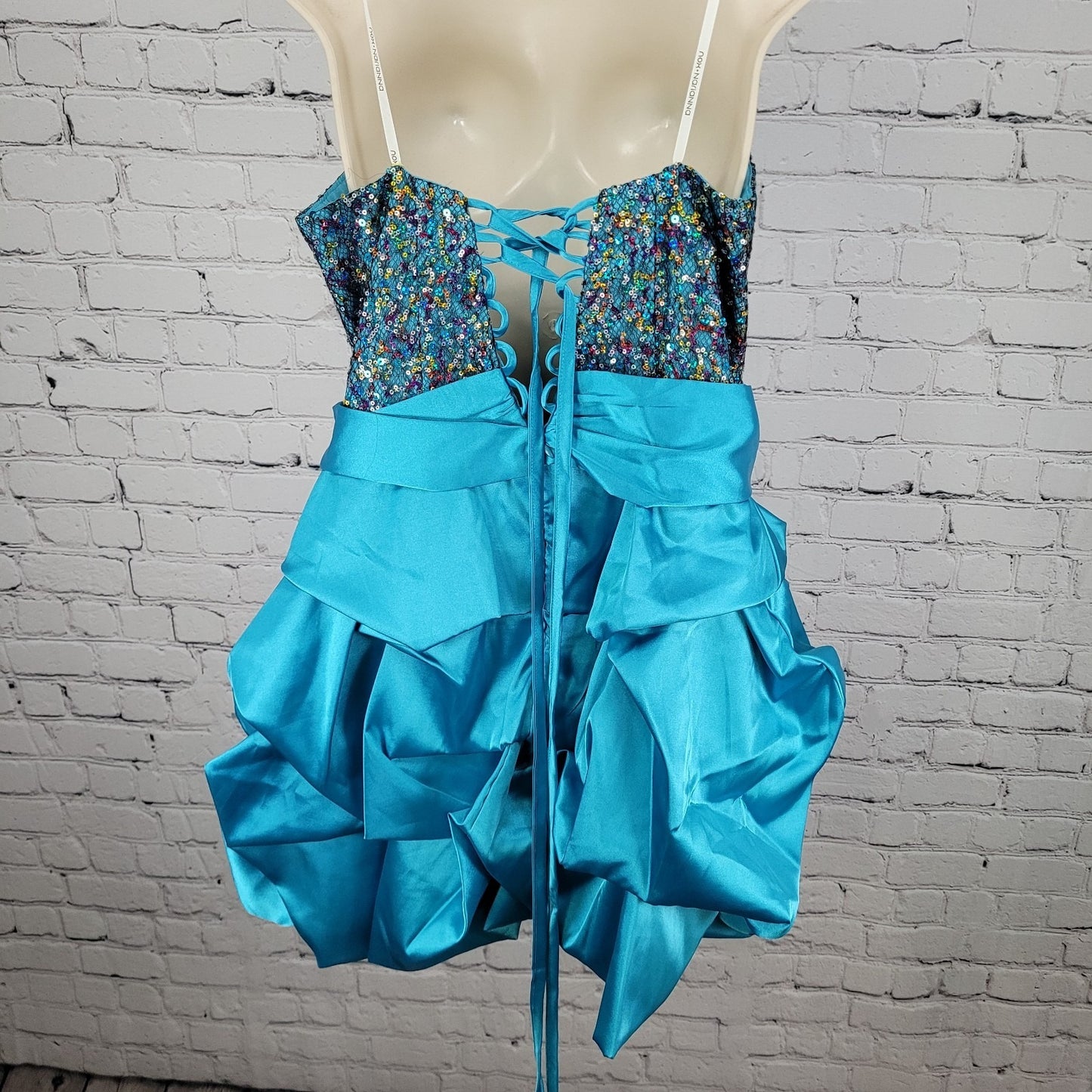 NWT Nox Anabel Blue Lace Up Back Sequin Satin Strapless Mini Dress Size XL