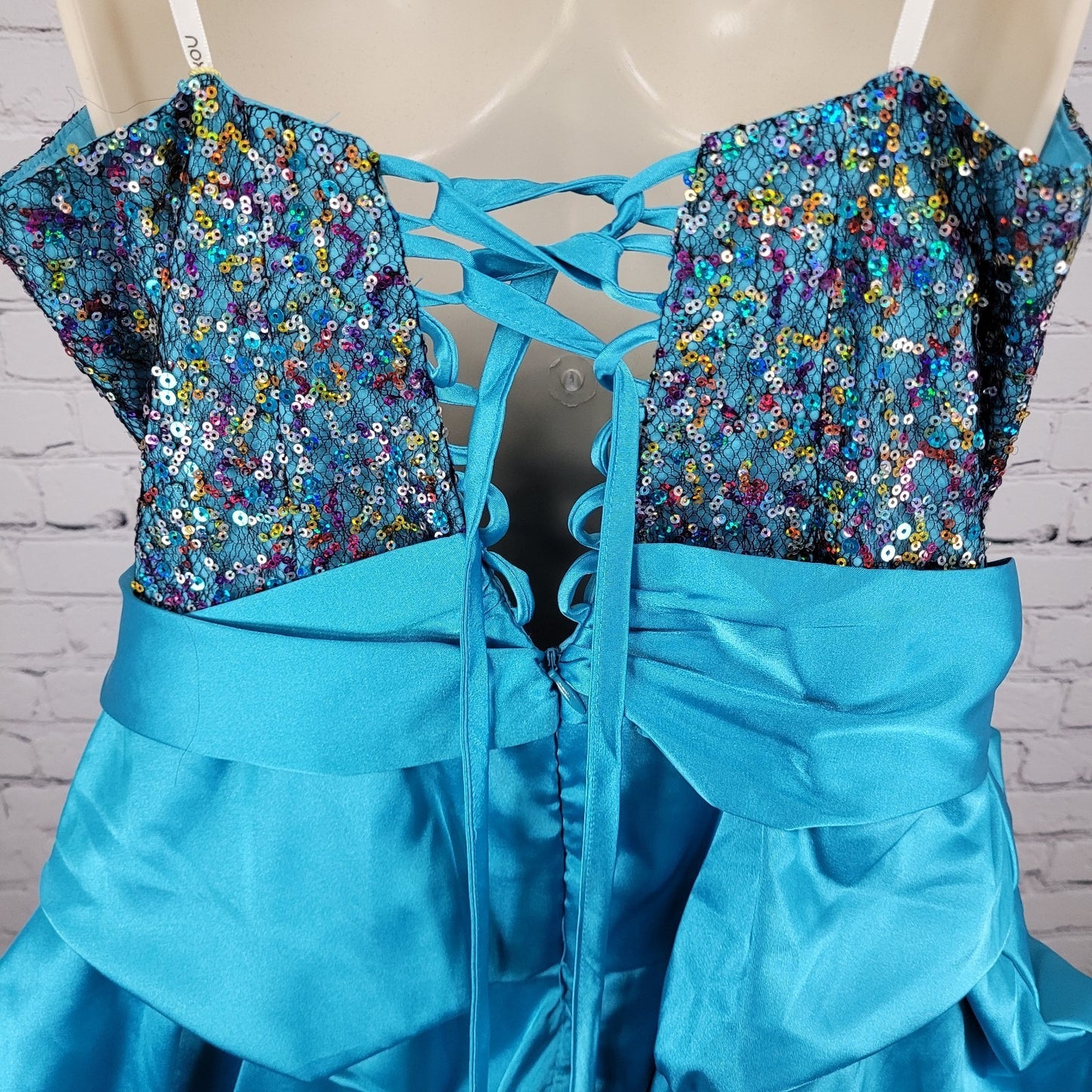 NWT Nox Anabel Blue Lace Up Back Sequin Satin Strapless Mini Dress Size XL