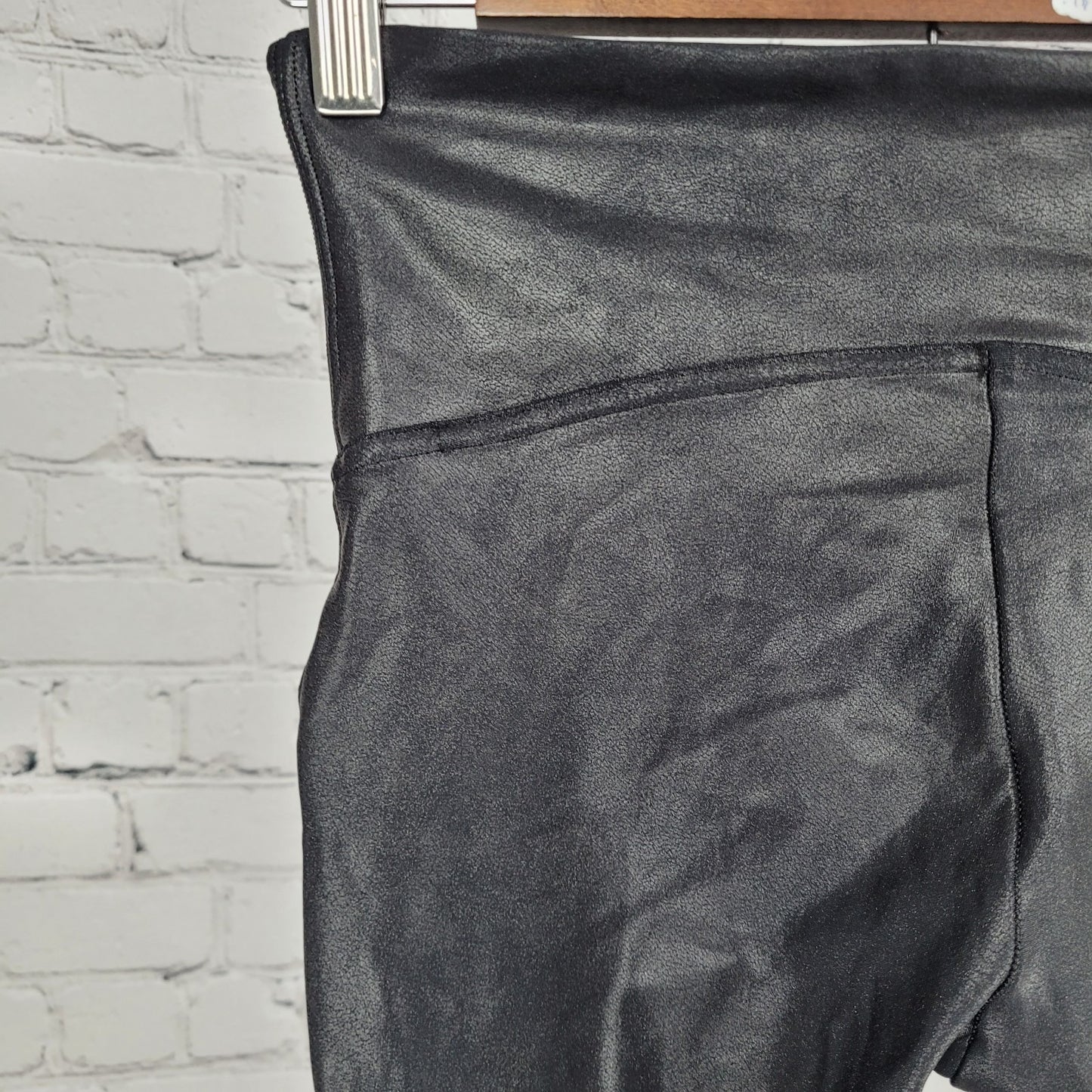 Spanx Black Faux Leather Stretch Mid Rise Athleisure Leggings Yoga Pant Medium M