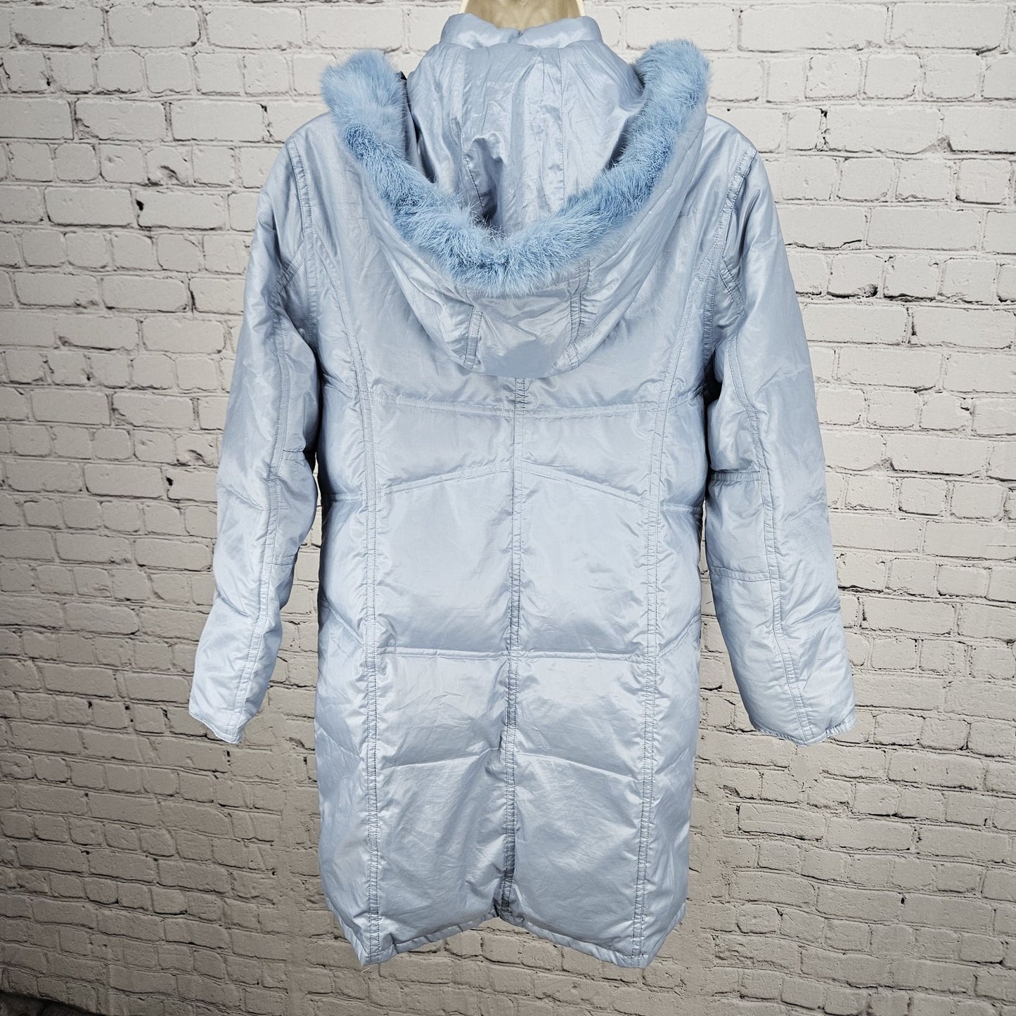 VTG McGregor Blue Rabbit Fur Trim Hood Down Filled Puffer Coat Jacket Parka S