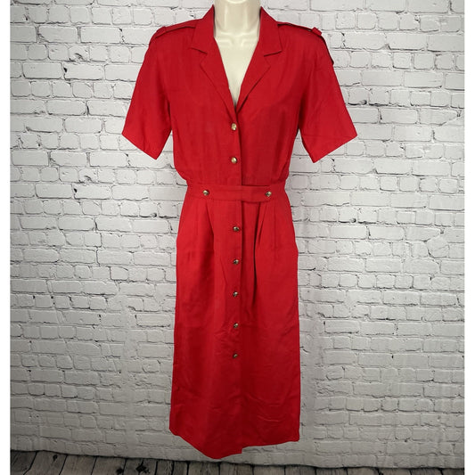 VTG Lauren Alexandra Red Silk Chiffon Retro Gold Buttoned Shirt Dress Size 4