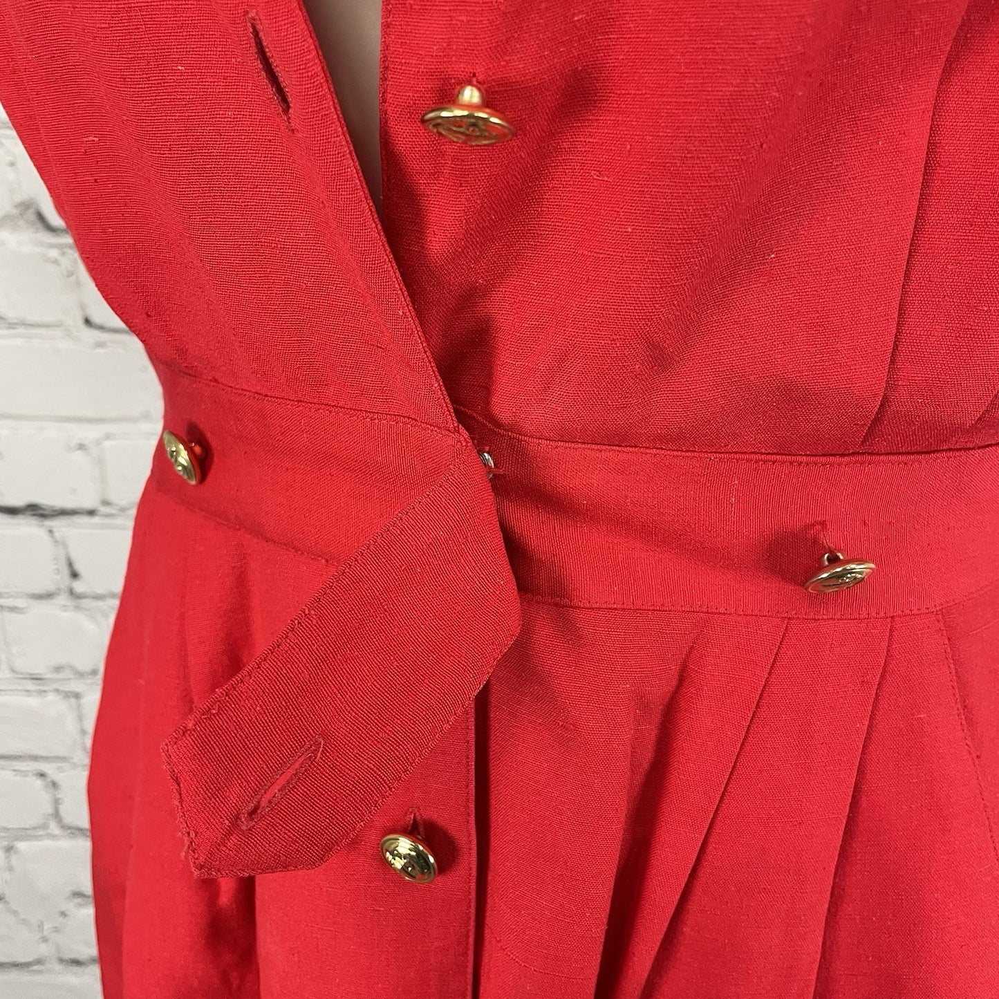 VTG Lauren Alexandra Red Silk Chiffon Retro Gold Buttoned Shirt Dress Size 4