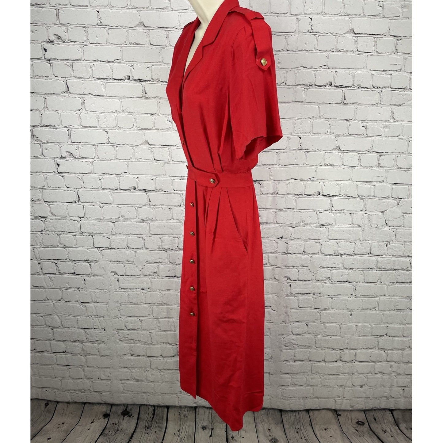 VTG Lauren Alexandra Red Silk Chiffon Retro Gold Buttoned Shirt Dress Size 4