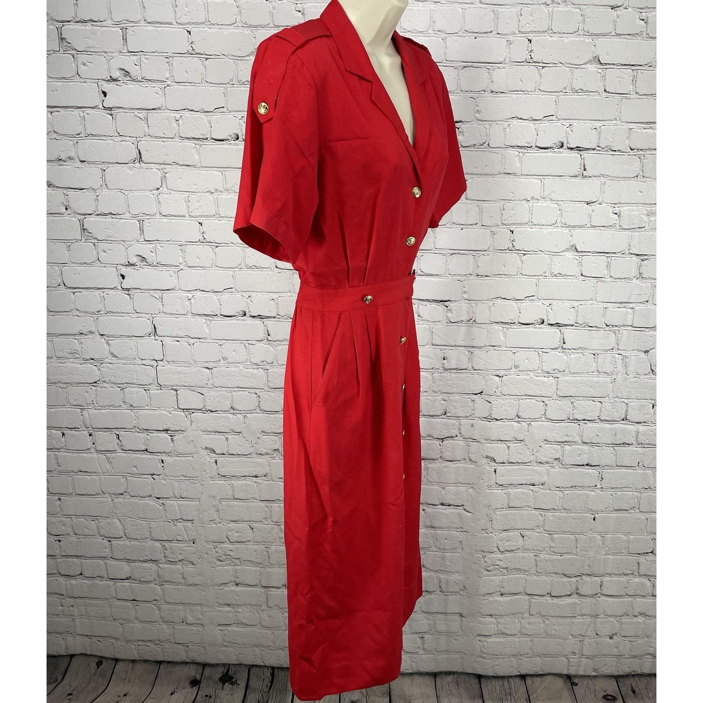 VTG Lauren Alexandra Red Silk Chiffon Retro Gold Buttoned Shirt Dress Size 4