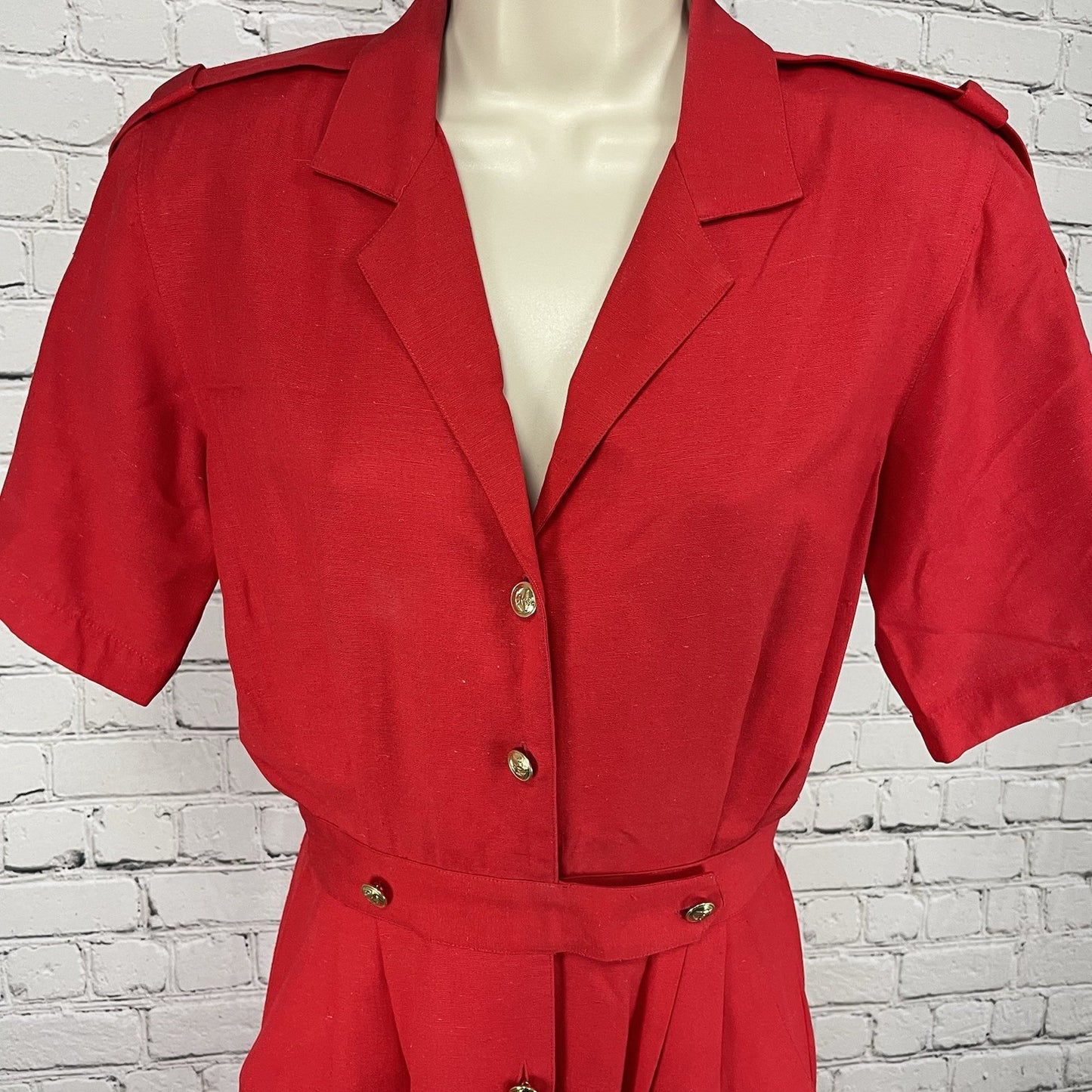 VTG Lauren Alexandra Red Silk Chiffon Retro Gold Buttoned Shirt Dress Size 4