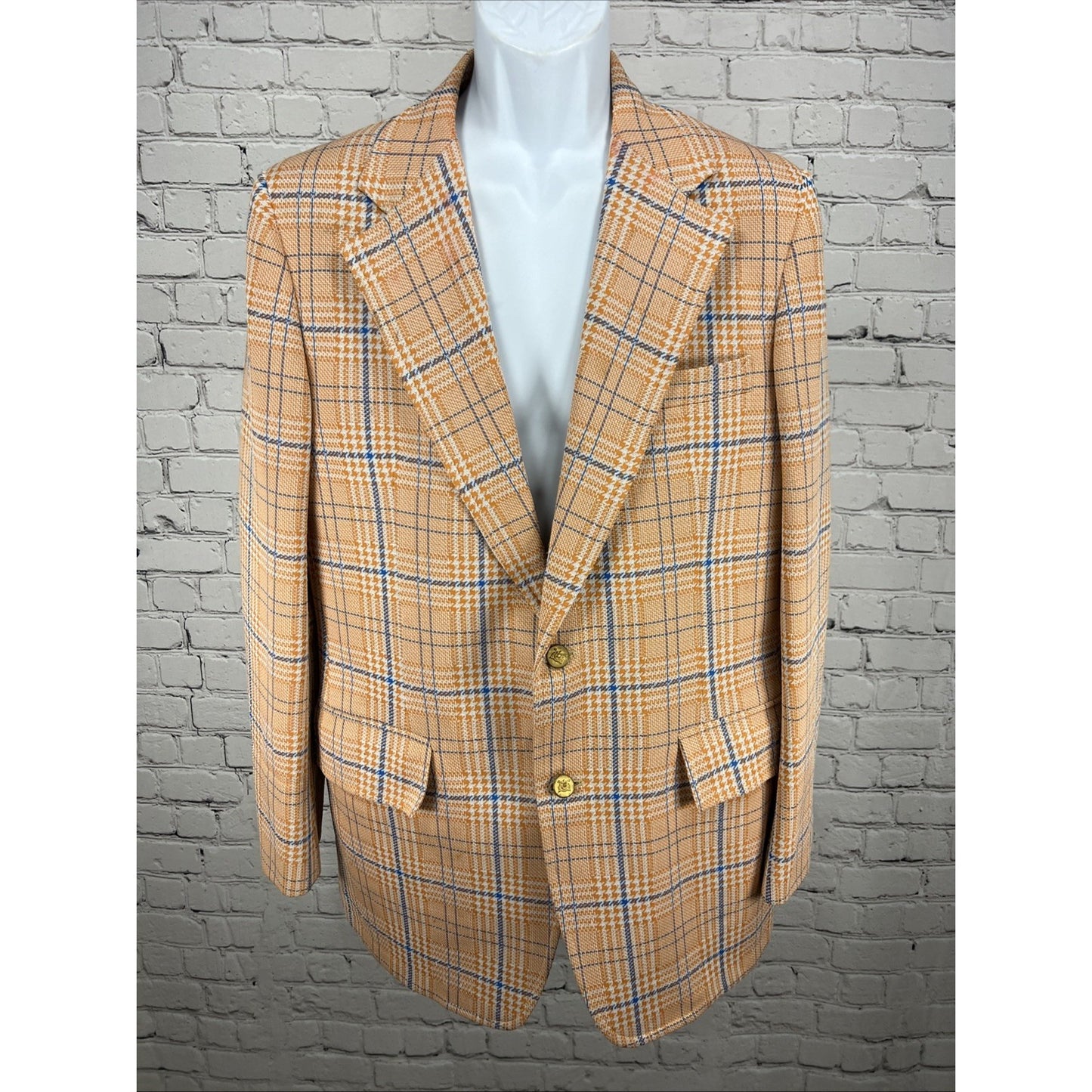 VTG Izod Orange Blue Houndstooth Single Vented Notch 70's Blazer Sport Coat 40