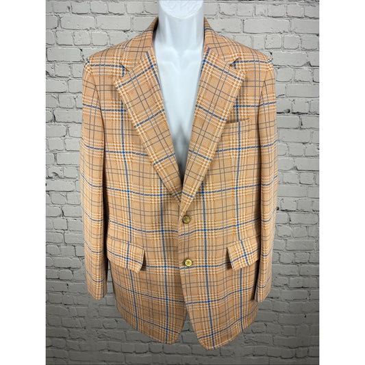 VTG Izod Orange Blue Houndstooth Single Vented Notch 70's Blazer Sport Coat 40