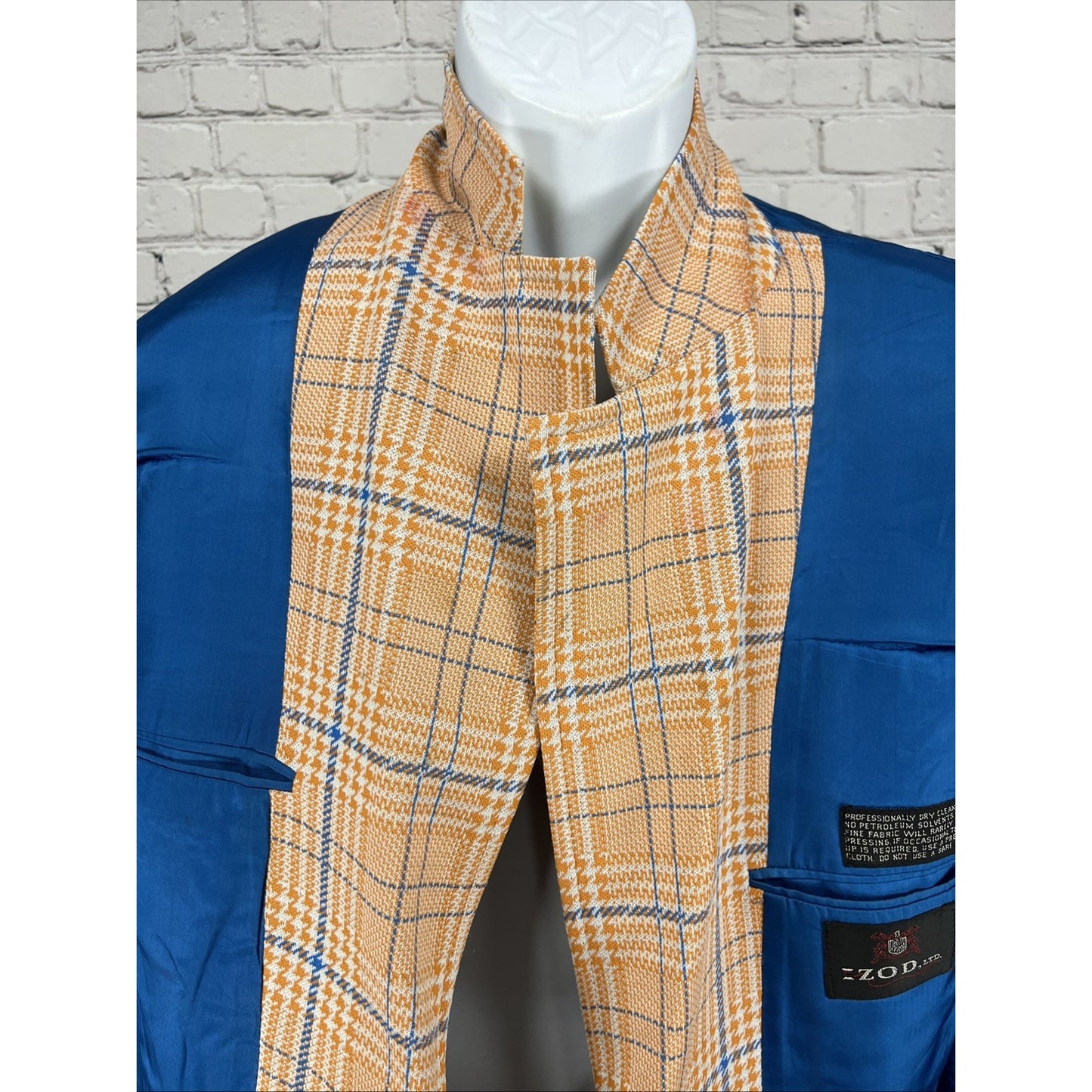 VTG Izod Orange Blue Houndstooth Single Vented Notch 70's Blazer Sport Coat 40