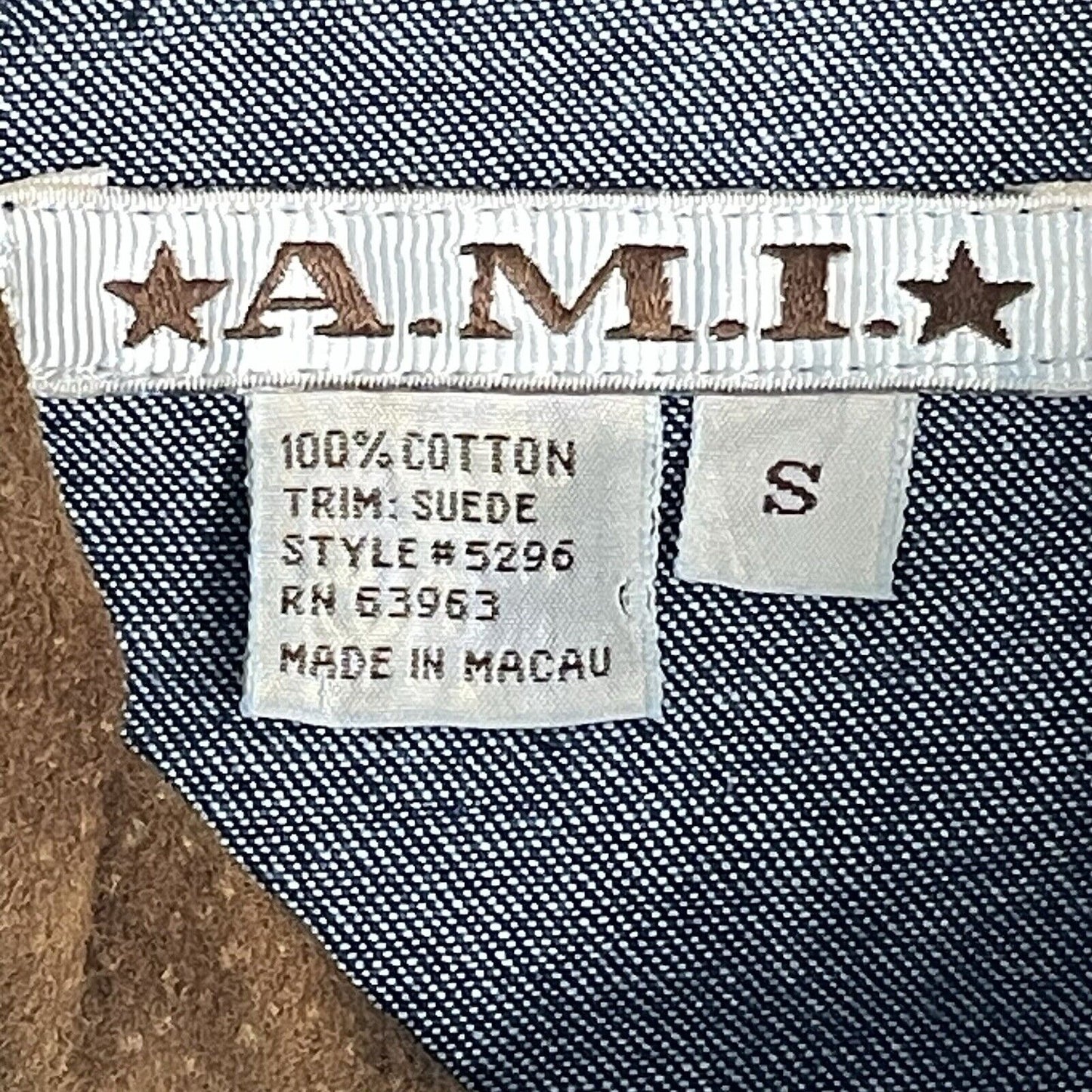 AMI Blue Denim Button Up Shirt Suede Collar Stitching Long Sleeve Size Small S