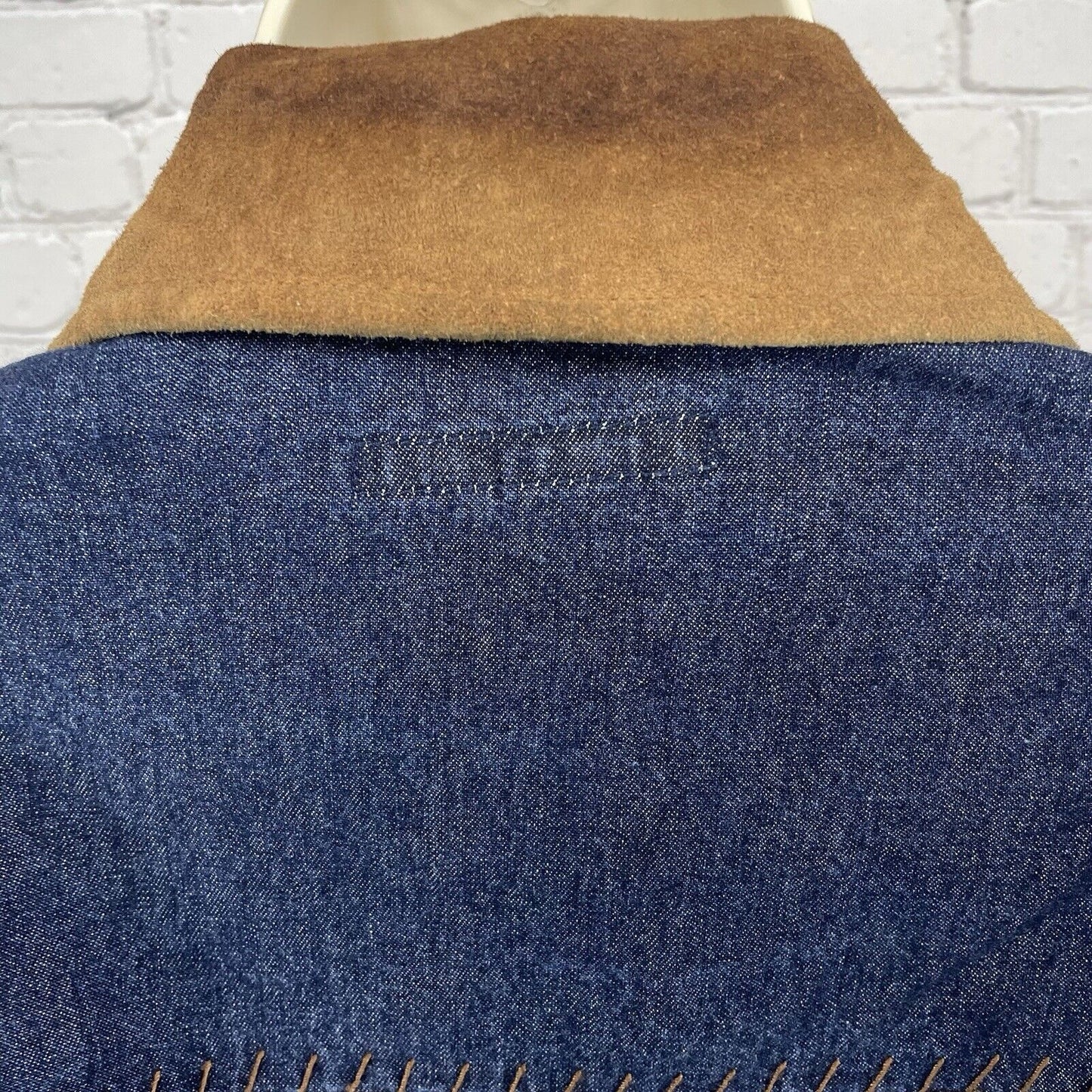 AMI Blue Denim Button Up Shirt Suede Collar Stitching Long Sleeve Size Small S