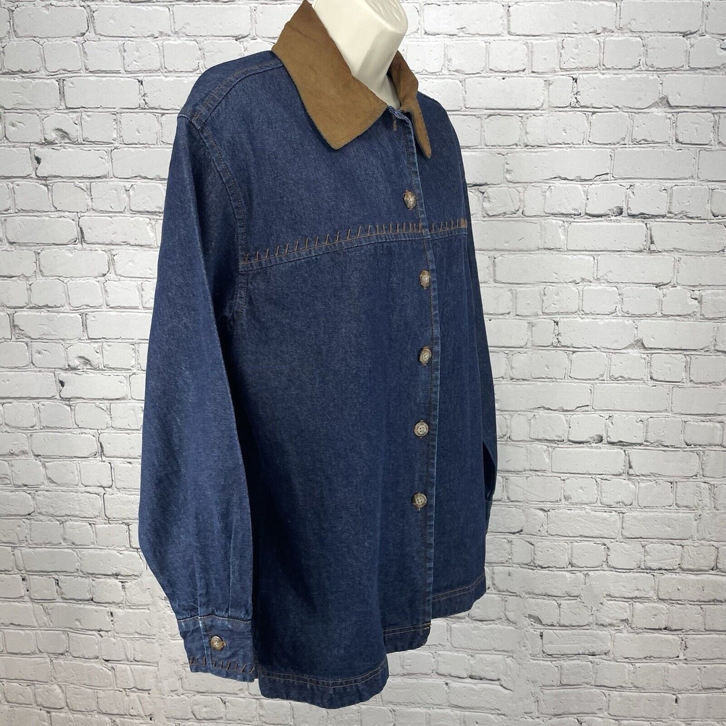 AMI Blue Denim Button Up Shirt Suede Collar Stitching Long Sleeve Size Small S