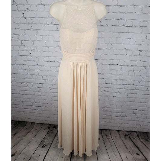 Belsoie Cream Chiffon Beaded Strappy Empire Waist Bridesmaid Dress Gown Size 4