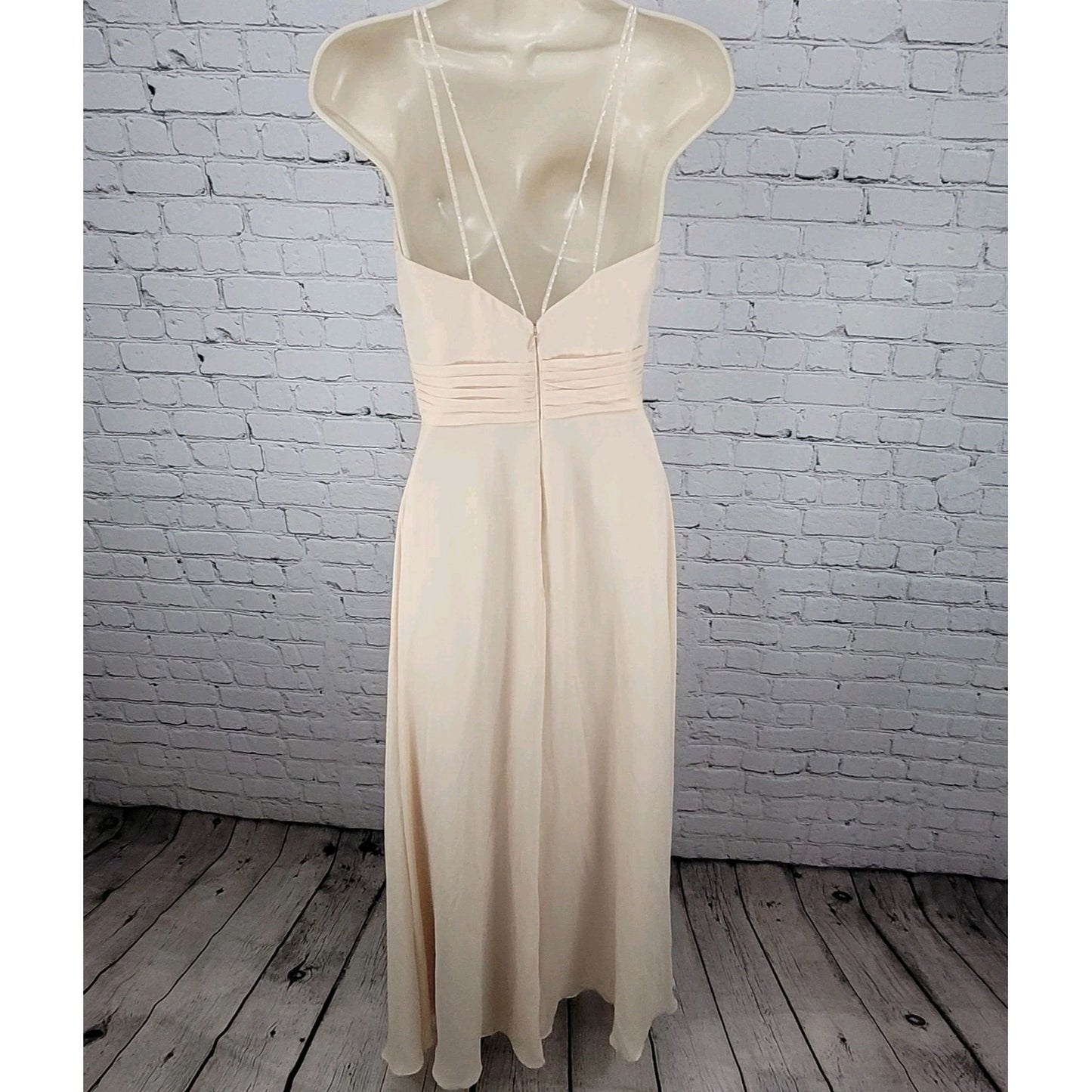 Belsoie Cream Chiffon Beaded Strappy Empire Waist Bridesmaid Dress Gown Size 4