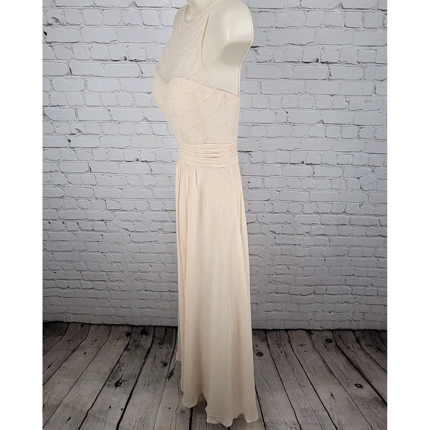 Belsoie Cream Chiffon Beaded Strappy Empire Waist Bridesmaid Dress Gown Size 4