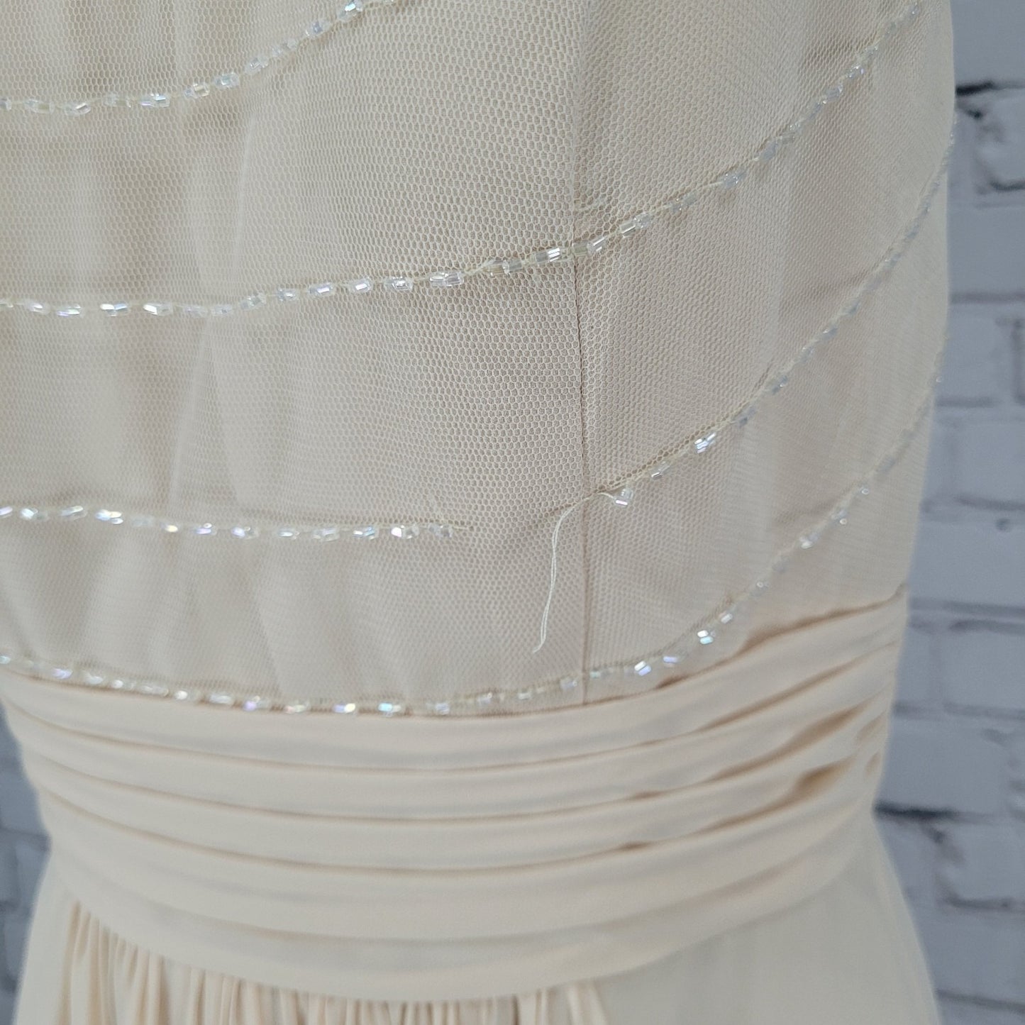 Belsoie Cream Chiffon Beaded Strappy Empire Waist Bridesmaid Dress Gown Size 4