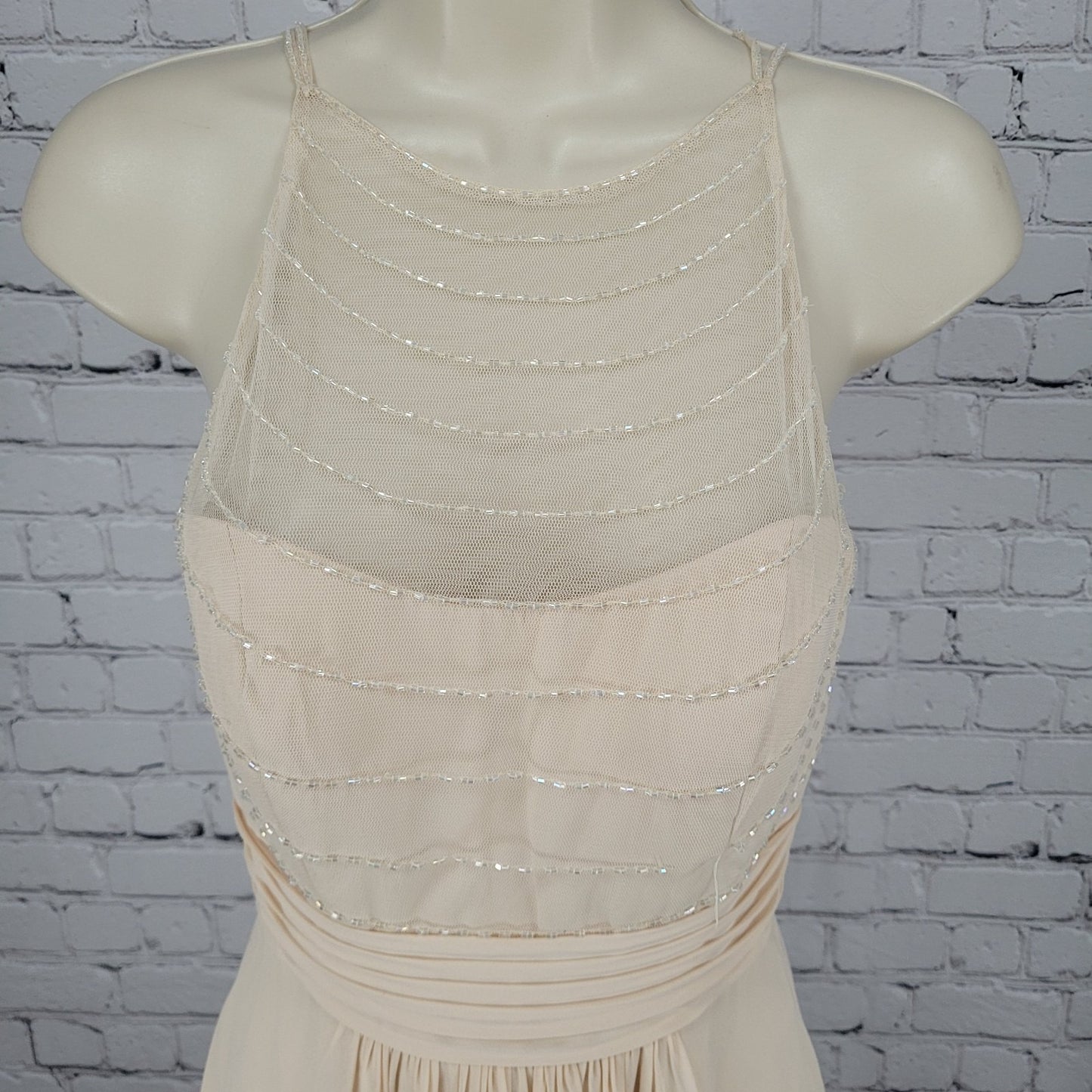 Belsoie Cream Chiffon Beaded Strappy Empire Waist Bridesmaid Dress Gown Size 4