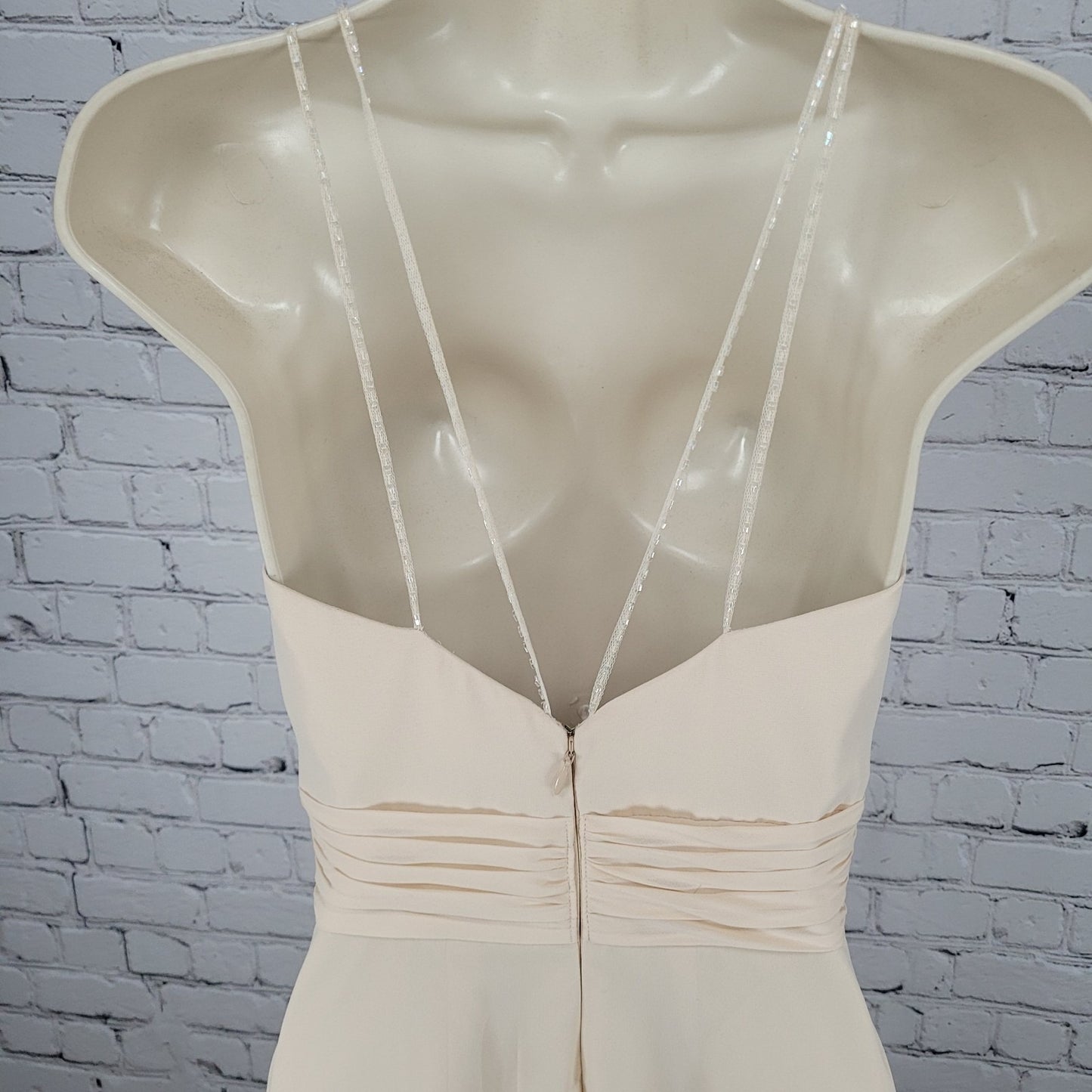 Belsoie Cream Chiffon Beaded Strappy Empire Waist Bridesmaid Dress Gown Size 4