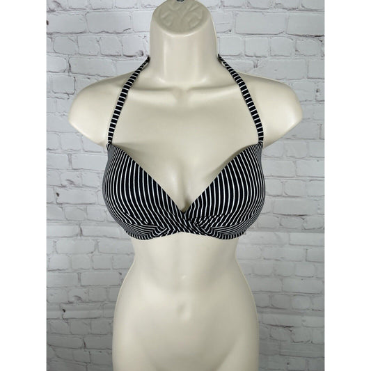Shade & Shore Black/White Striped Twist Front Underwire Halter Bikini Top 34D
