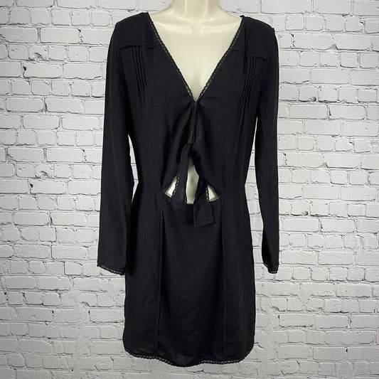 Stevie May Black Lightweight Long Sleeve Tie Front Pleated Zipped Dress Size S